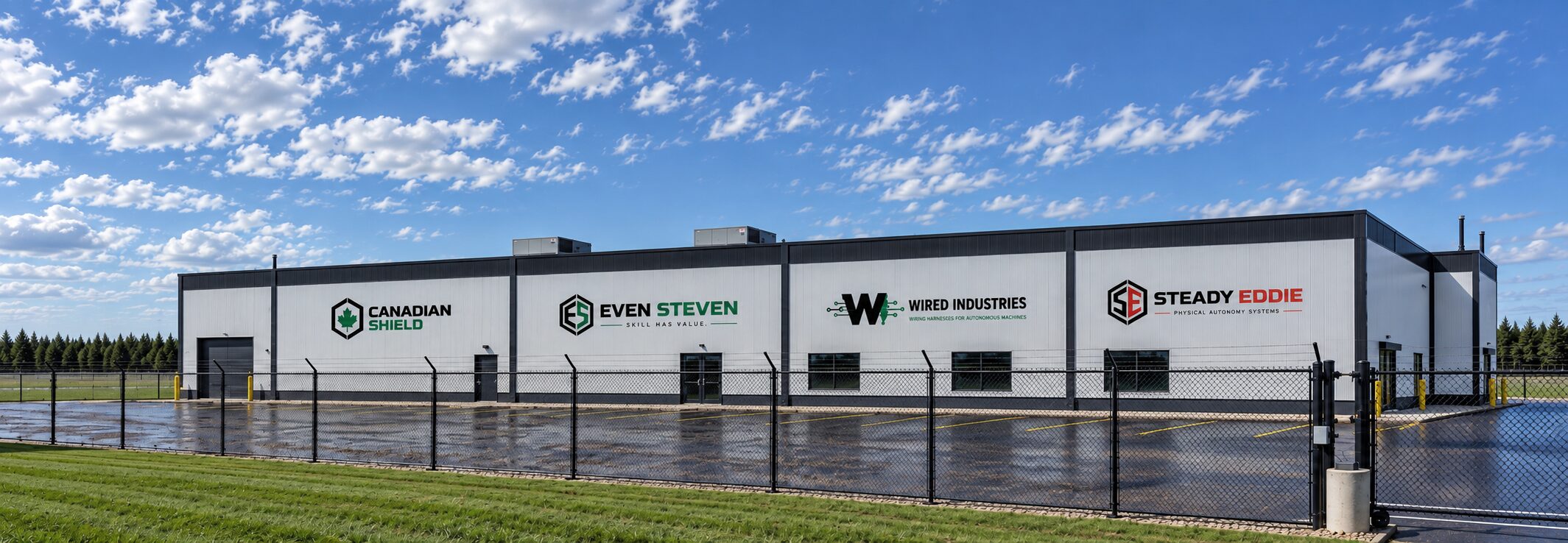 The group's shop seen from the lot: one long steel building behind a security fence, its wall carrying four signs, Canadian Shield, Even Steven, Wired Industries and Steady Eddie.