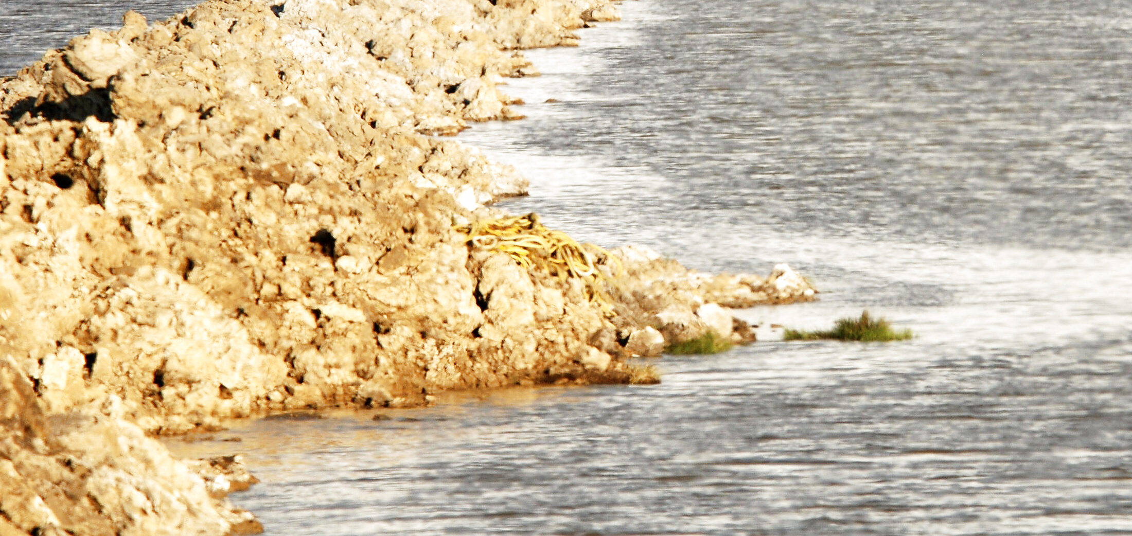 The rock arm of a causeway reaching into open water in low evening light, a coil of yellow rope on the stone and a tuft of reeds at the water's edge.
